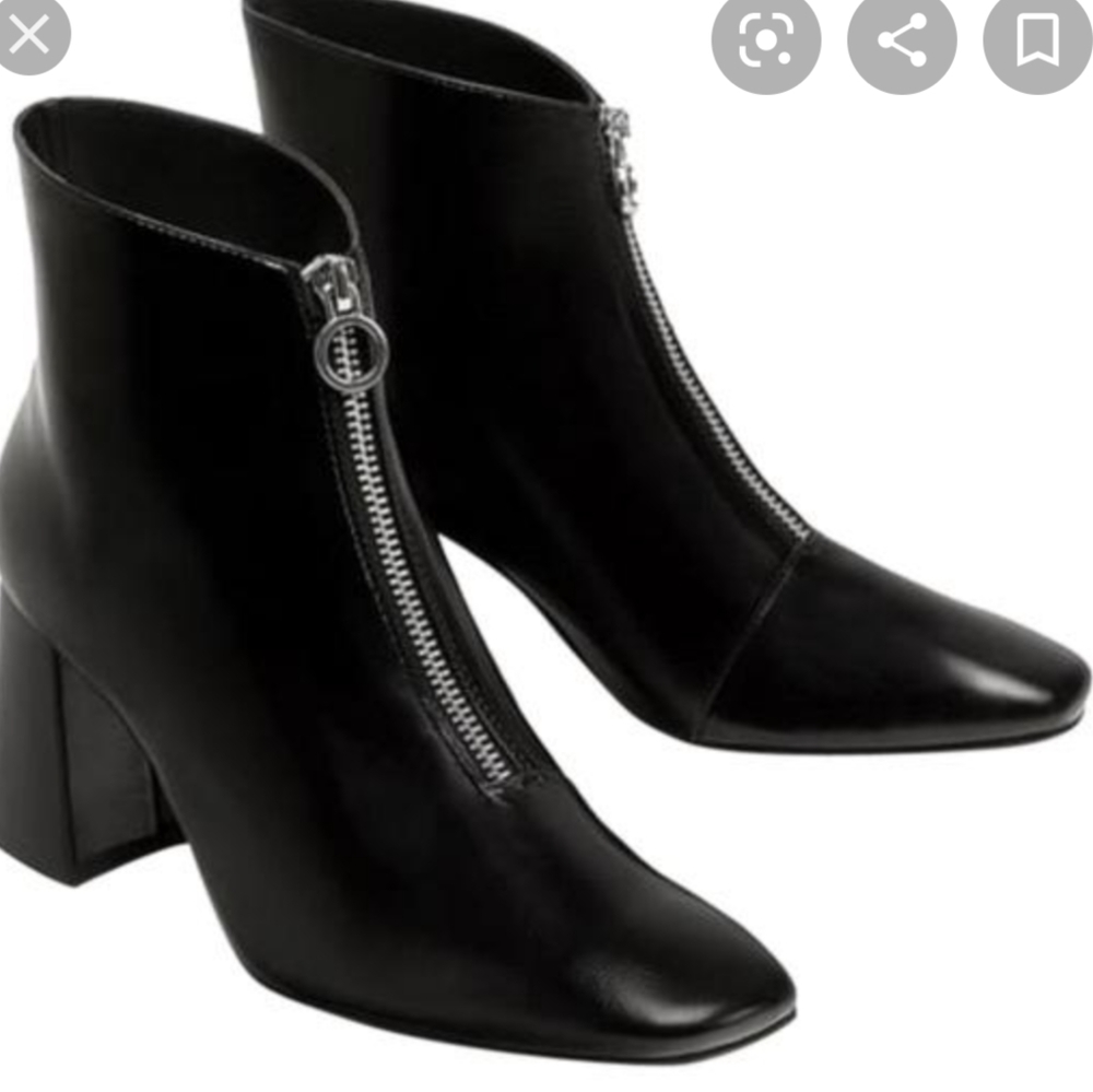 Zara Black Leather Mid-Heel Ankle Boots with Front Zip